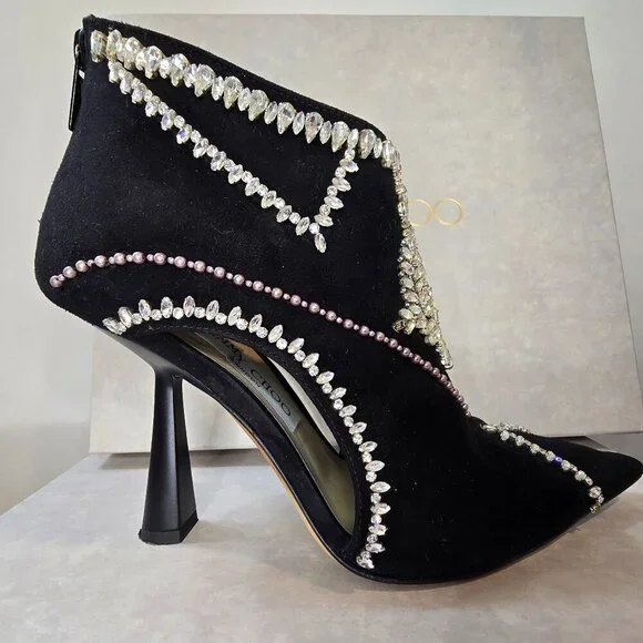 JIMMY CHOO Kendrix 100 - Suede Booties with Embroidery Black/White - Picture 8 of 15